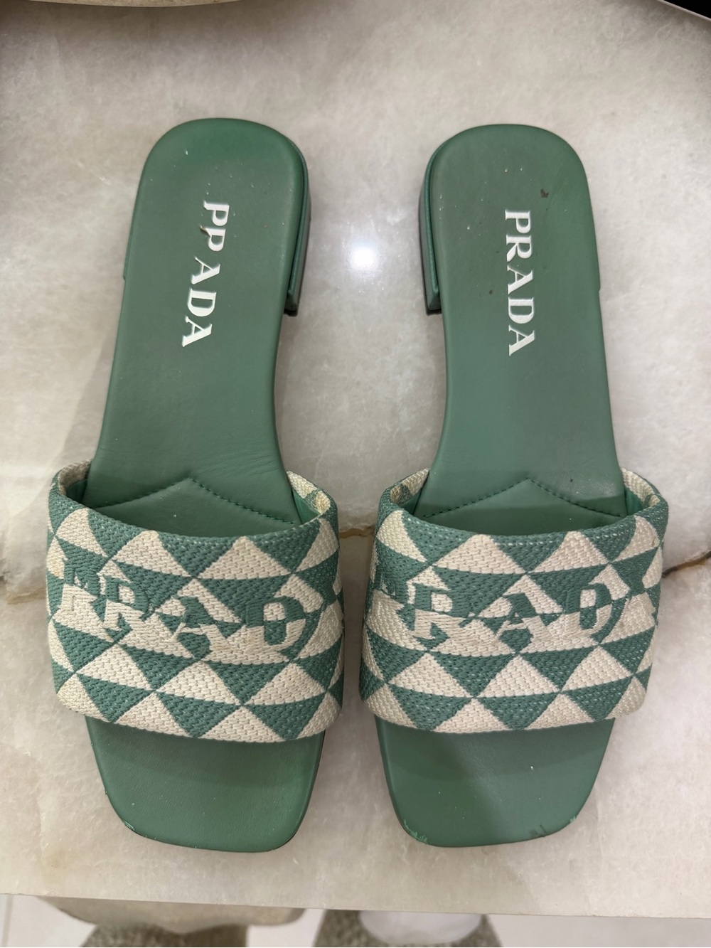 Prada Teal and White Geometric Slide Mules - Picture 2 of 7